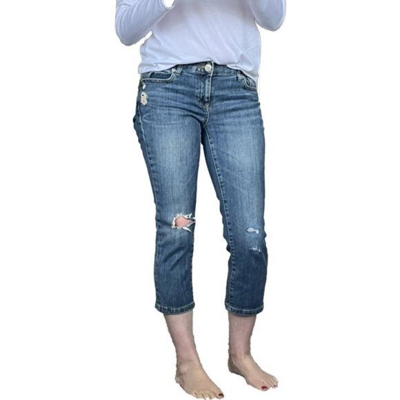 AEROPOSTALE WOMENS JUNIORS LOW RISE CROPPED CAPRI RIPPED BLUE JEANS SIZE 3/4 - Picture 1 of 5